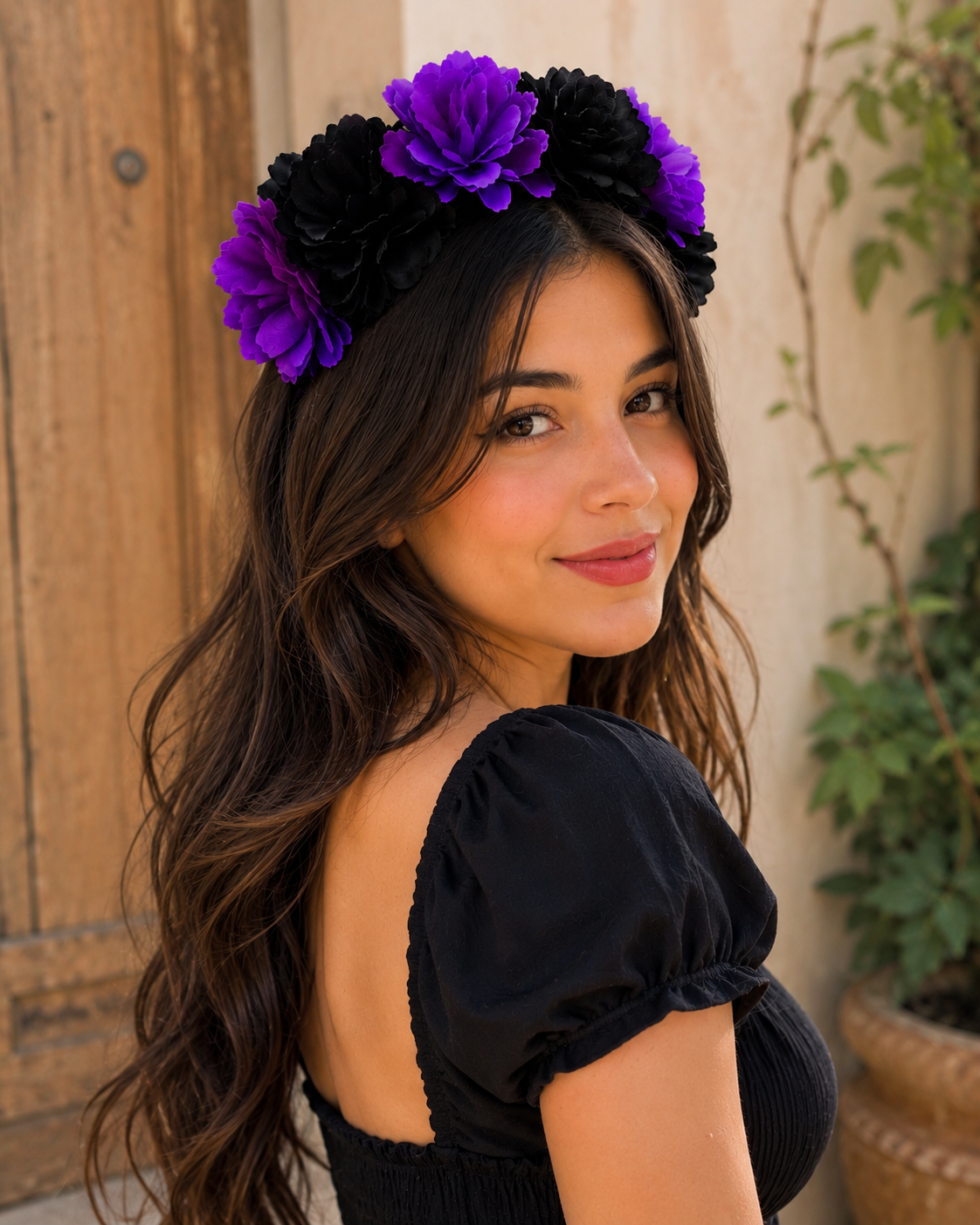 Diadema para dama Flor Negra con Morada