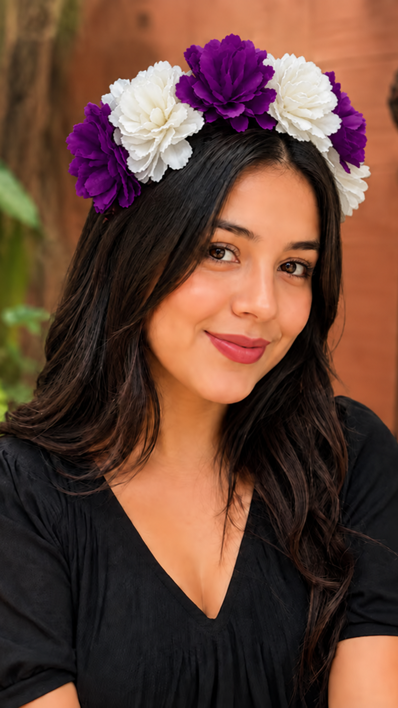 Diadema para dama Flor Negra con Blanco