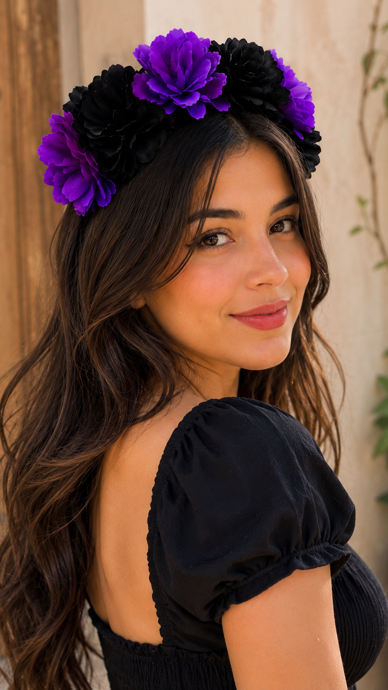 Diadema para dama Flor Negra con Morada