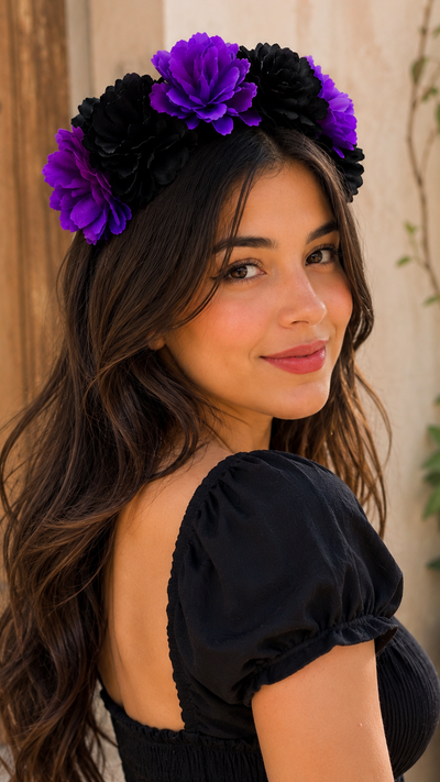 Diadema para dama Flor Negra con Morada