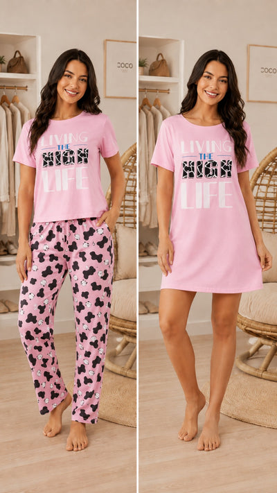 Set de Pijama para dama 3 piezas, pantalón, blusa y vestido