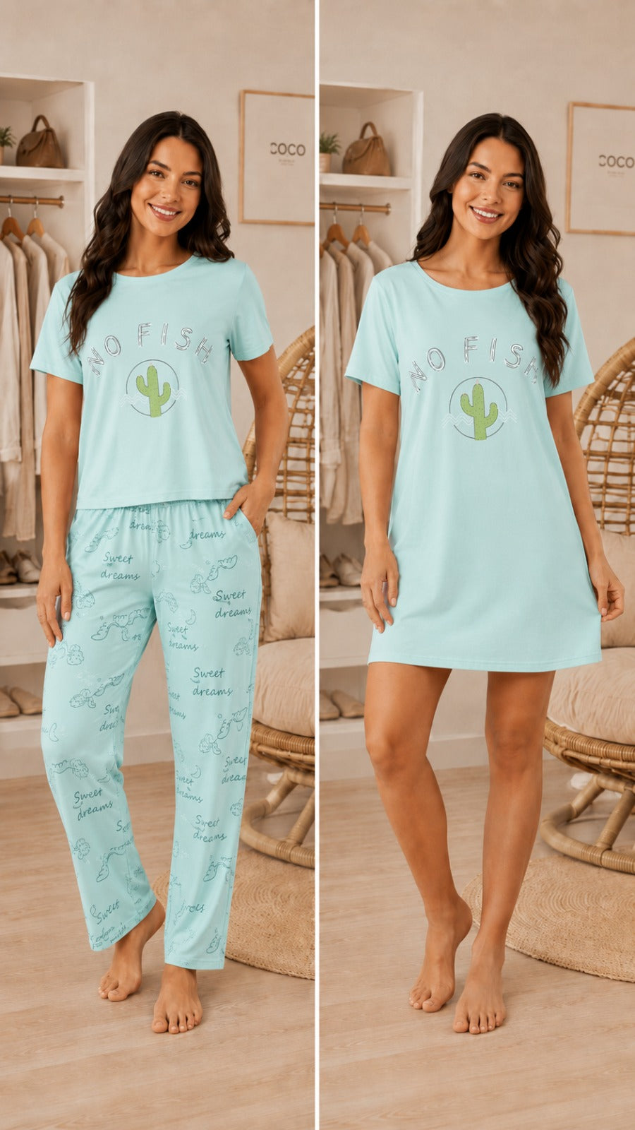 Set de Pijama para dama 3 piezas, pantalón, blusa y vestido
