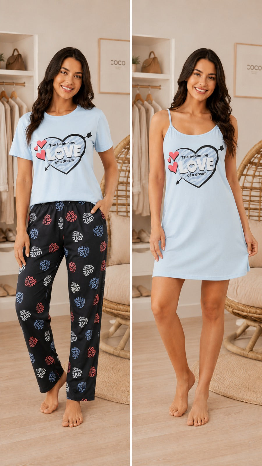 Set de Pijama para dama 3 piezas, pantalón, blusa y vestido