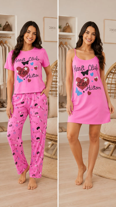 Set de Pijama para dama 3 piezas, pantalón, blusa y vestido