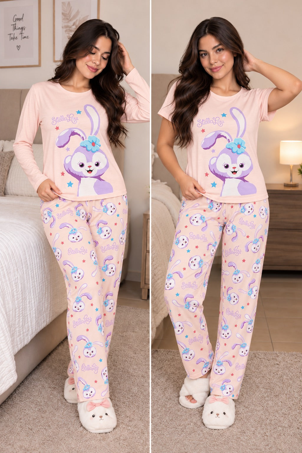 Pijama para dama 3 piezas manga larga+maga corta