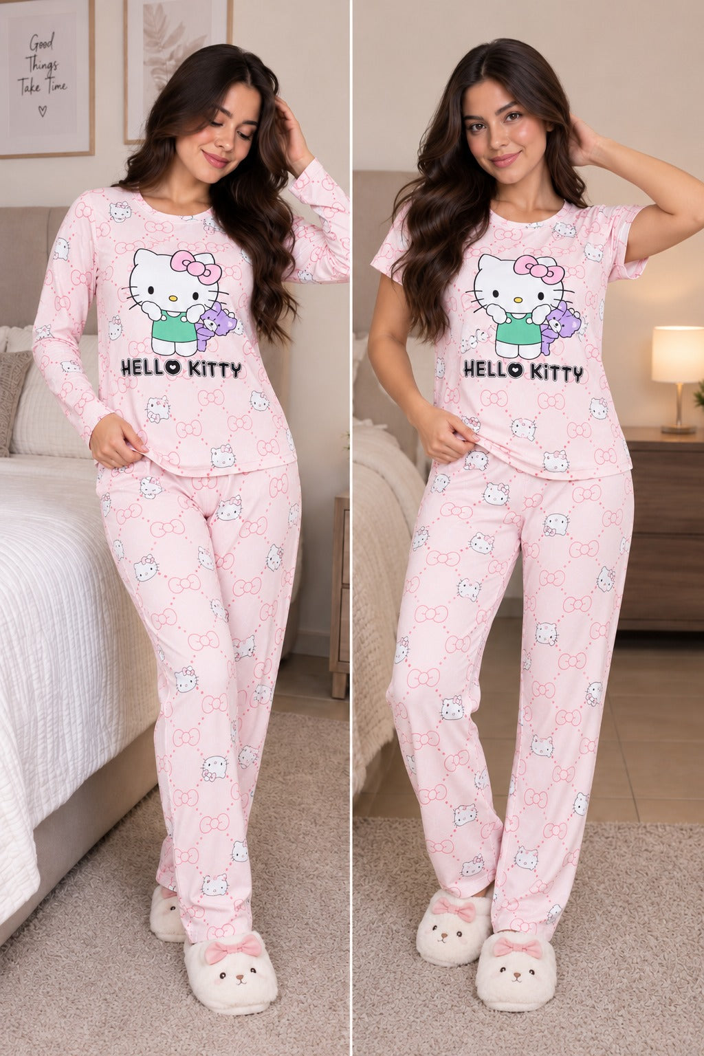 Pijama para dama 3 piezas manga larga+maga corta